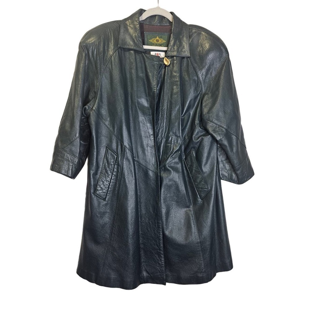 Vintage 80s Avanti L Dark Forest Green Leather Coat Gold Button Avant Garde